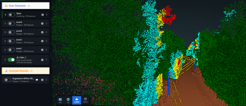 Classified LiDAR point cloud in the LiDAR viewer