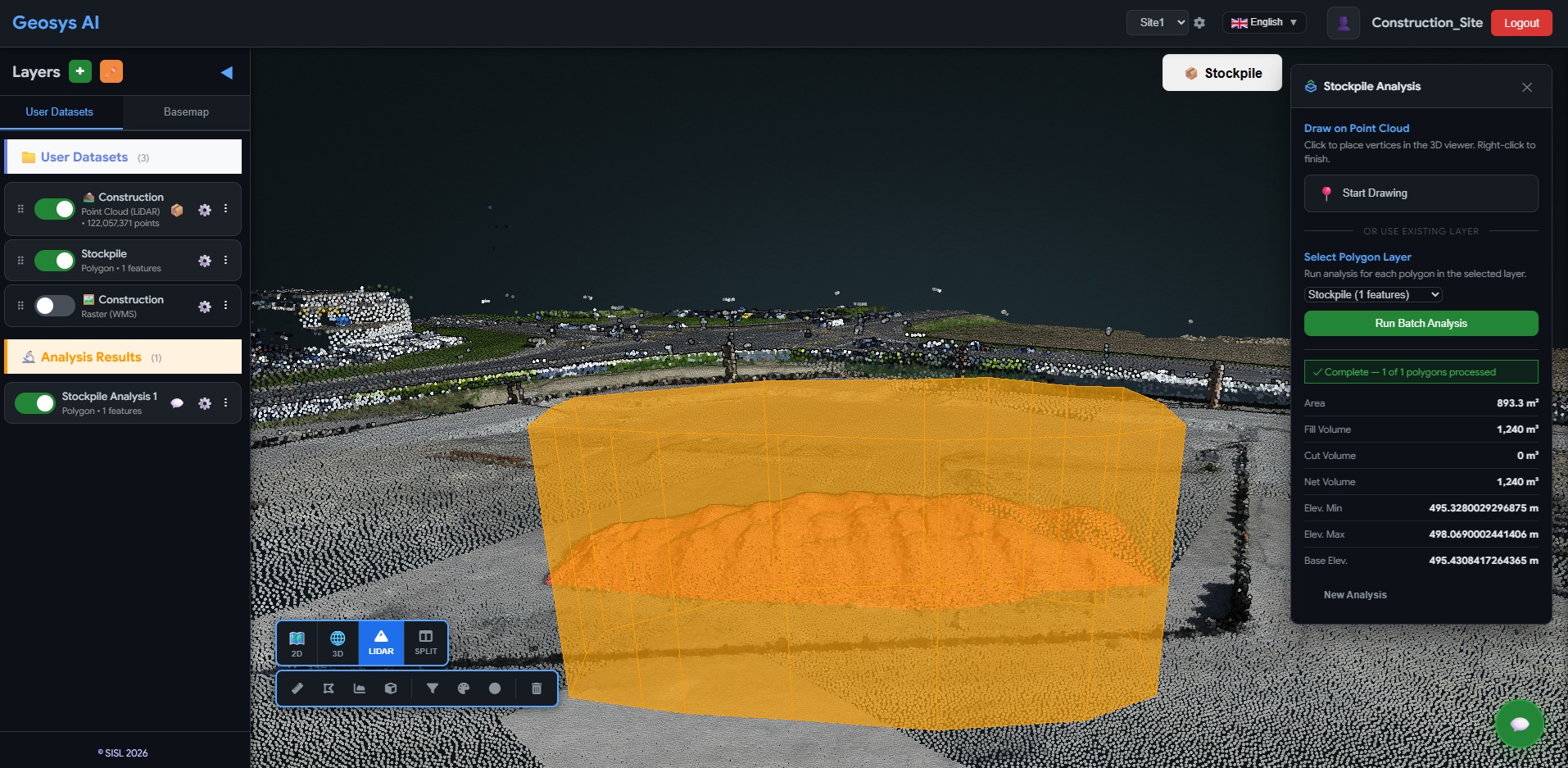 LiDAR point cloud with stockpile polygon and volume calculation overlay