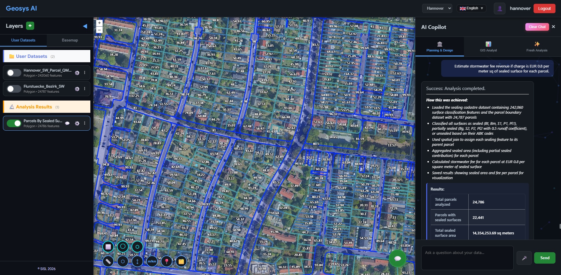 AI natural language query interface returning stormwater cadastre results