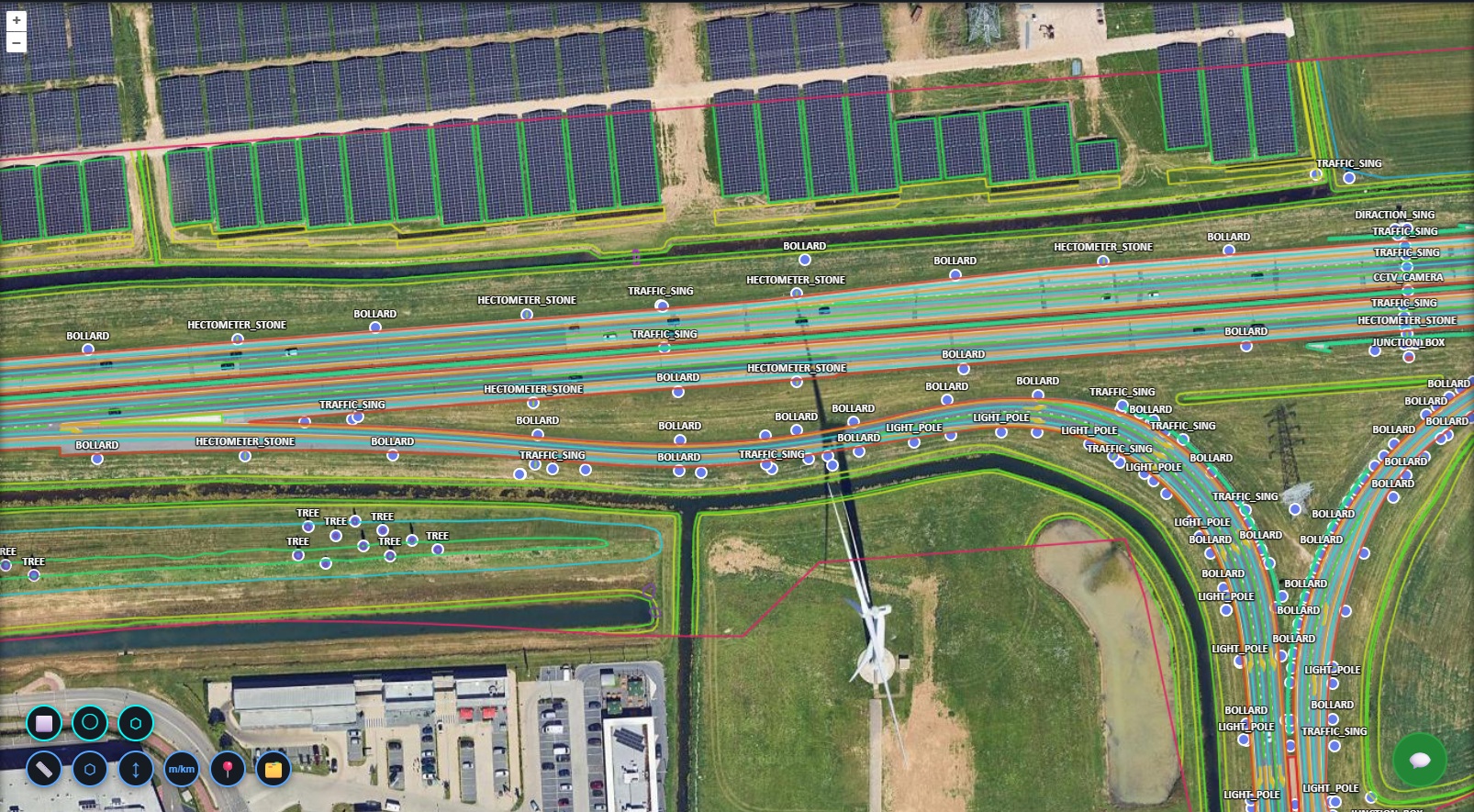 Vector road, asset, and boundary layers over aerial imagery