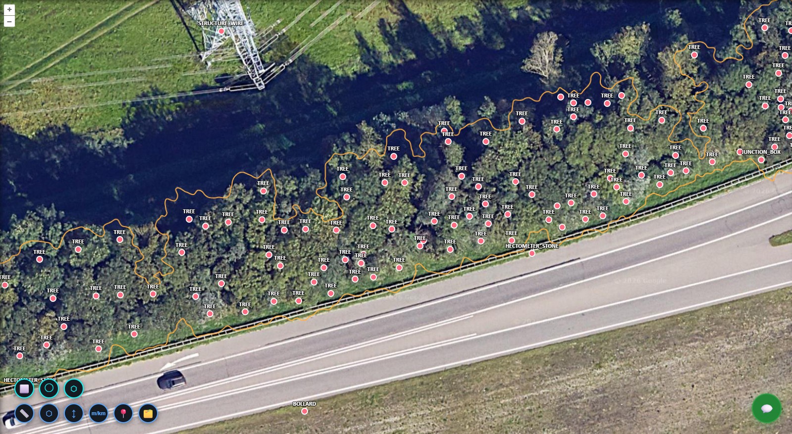 Highway corridor vegetation layer showing green assets alongside road infrastructure